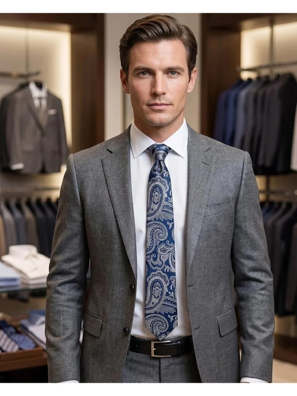 🆕Men Grey & Blue Microfiber intricate Paisley Slim Formal Necktie For Wedding